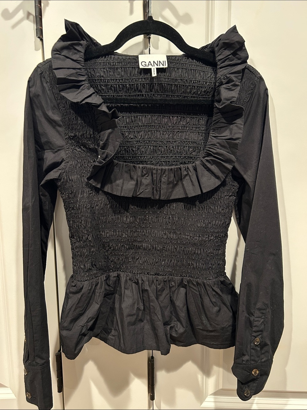 Ganni Black Smocked Ruffle Peplum Long-Sleeve Top